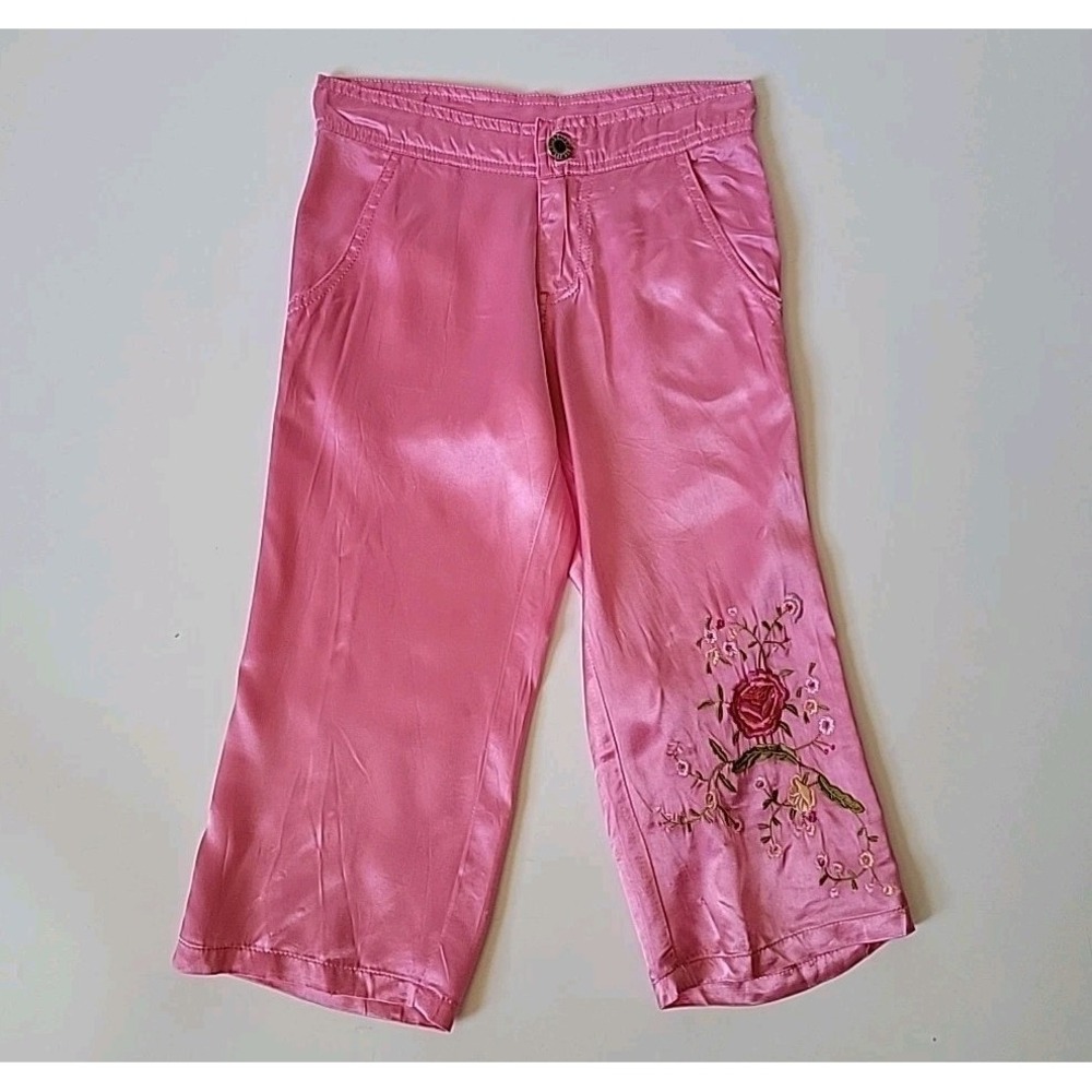 Lipstik‎ Flower Embroidered Satin Pants Girls 7 Pink Straight Leg Boho Cottage